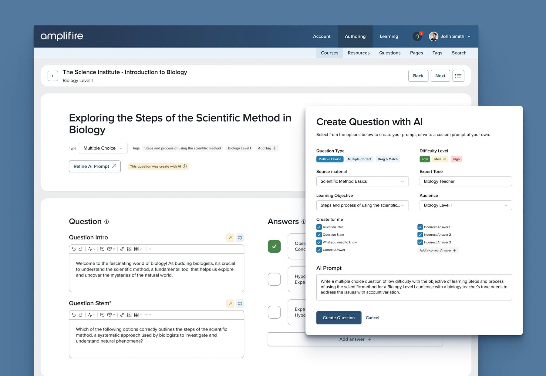 Amplifire design system boards covering color palettes, typography scale, buttons and form elements, reusable UI components, and the Vic virtual instructional coach