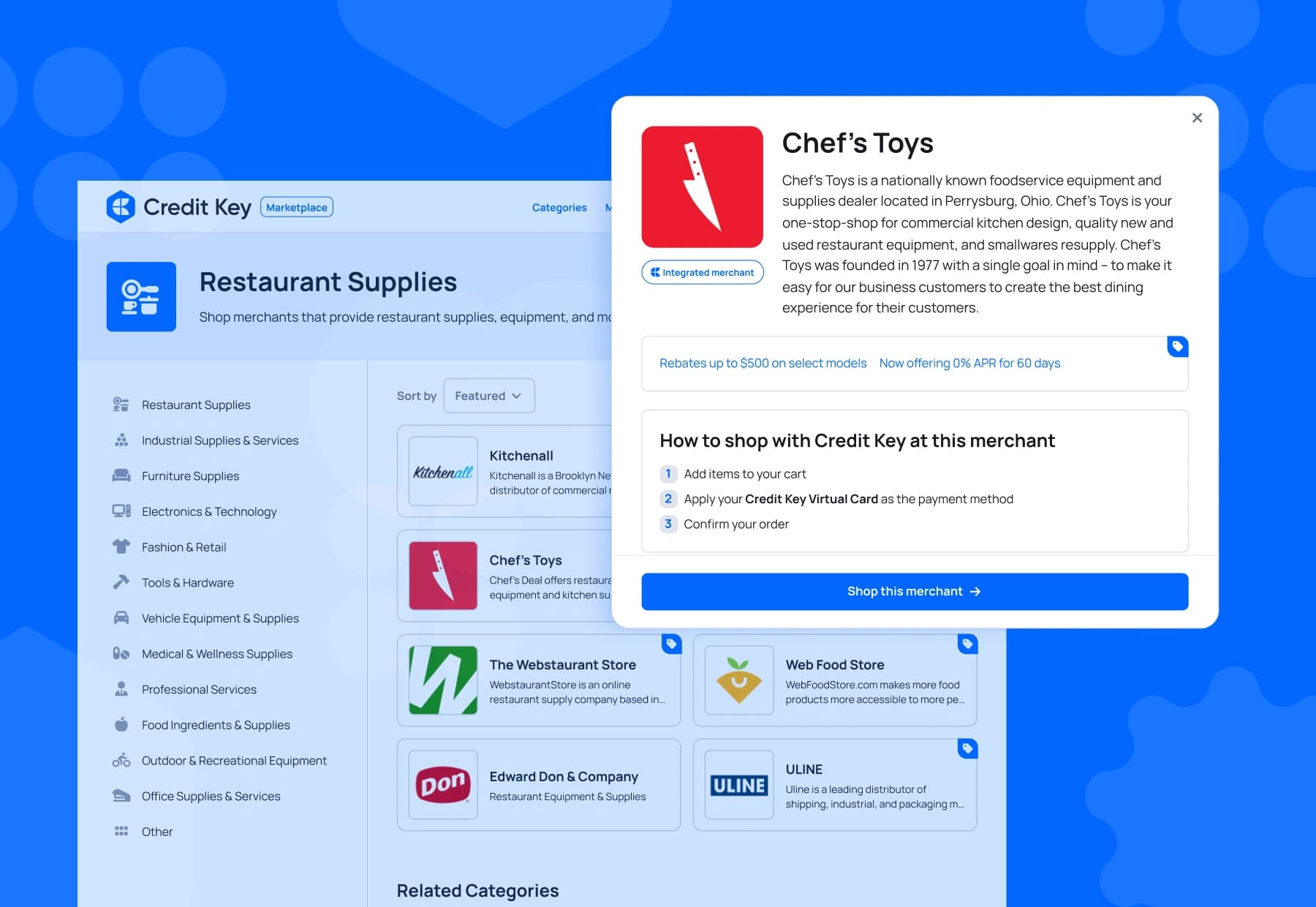 Credit Key marketplace category page for restaurant supplies with a merchant detail modal open for Chef's Toys, showing merchant info and how to check out with a Credit Key virtual card