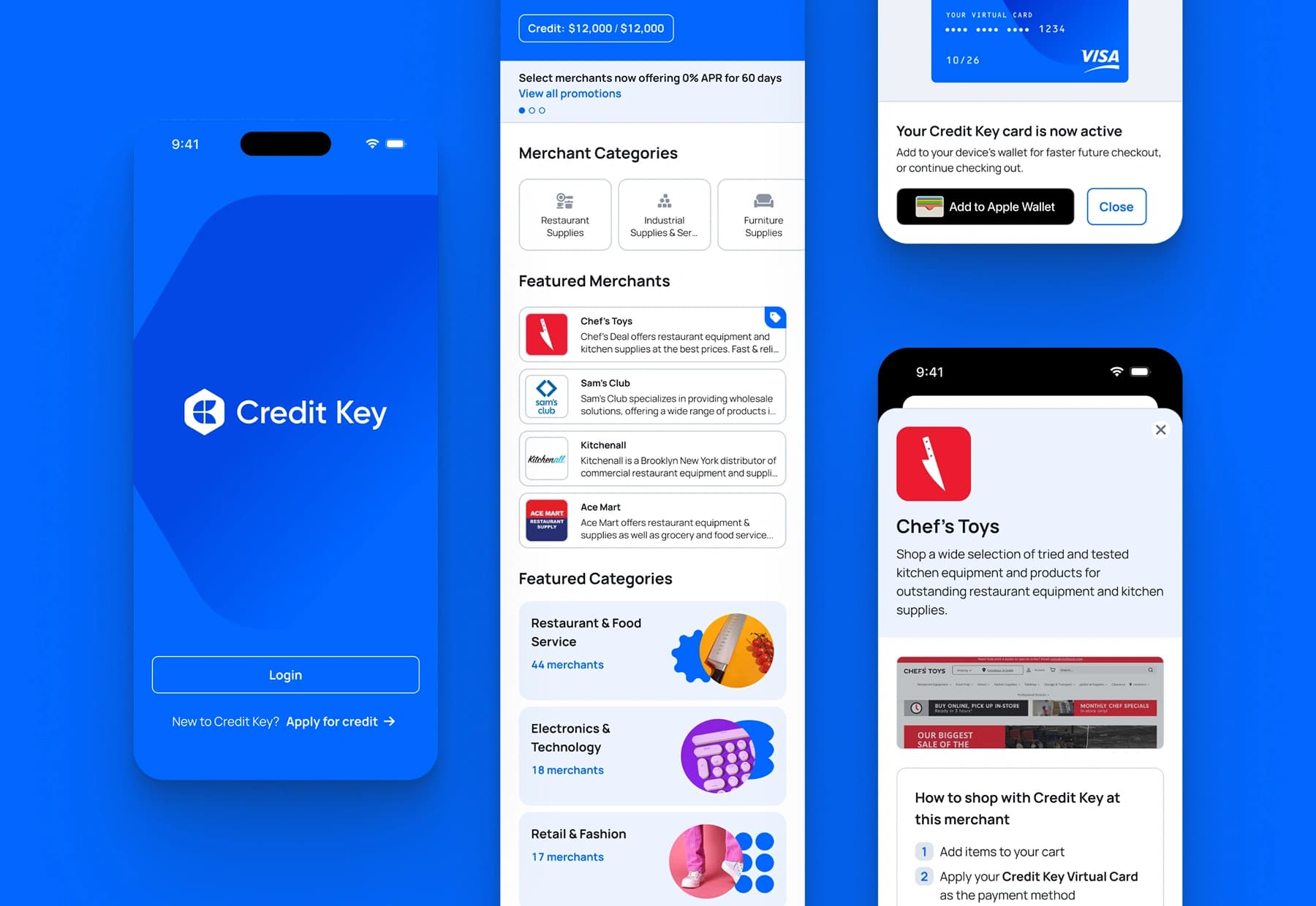 Credit Key mobile app screens showing login, a merchant marketplace with credit balance and featured merchants, a virtual card activation confirmation, and a mobile merchant detail card