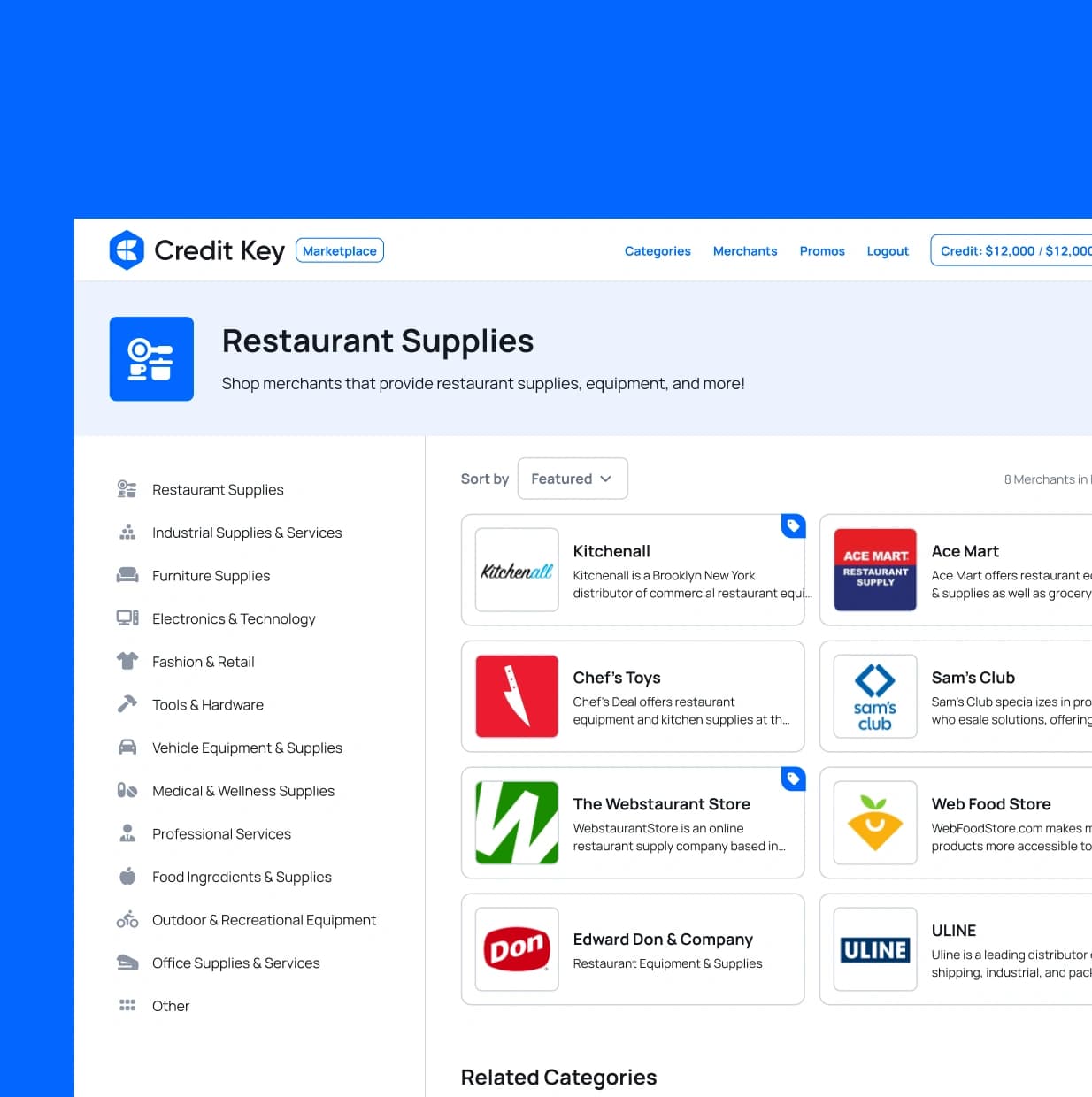 Merchant marketplace category page on desktop with a merchant detail modal open, showing a merchant profile and category sidebar