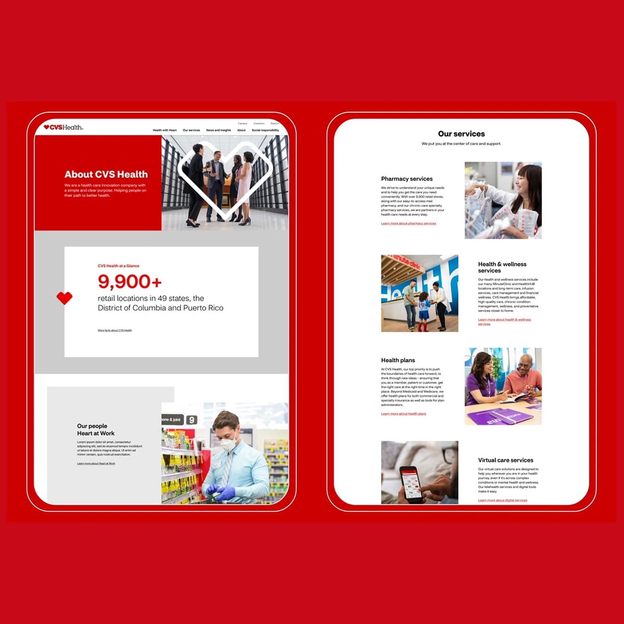 CVS Health About and Services pages showing reusable stat callouts and text-and-image component layouts applied across different page templates