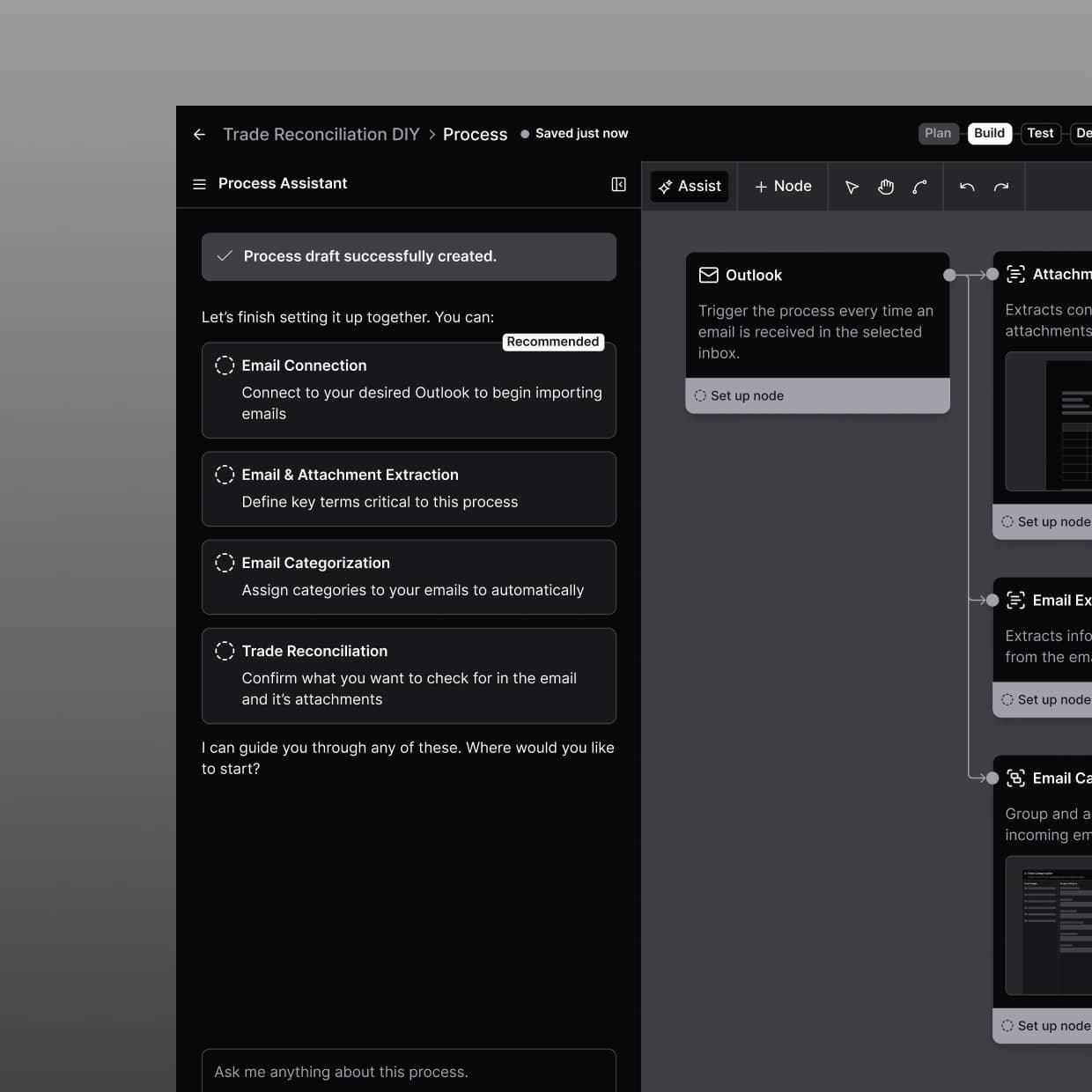 Process assistant chat for a trade reconciliation workflow, recommending setup steps like email connection, attachment extraction, and email categorization