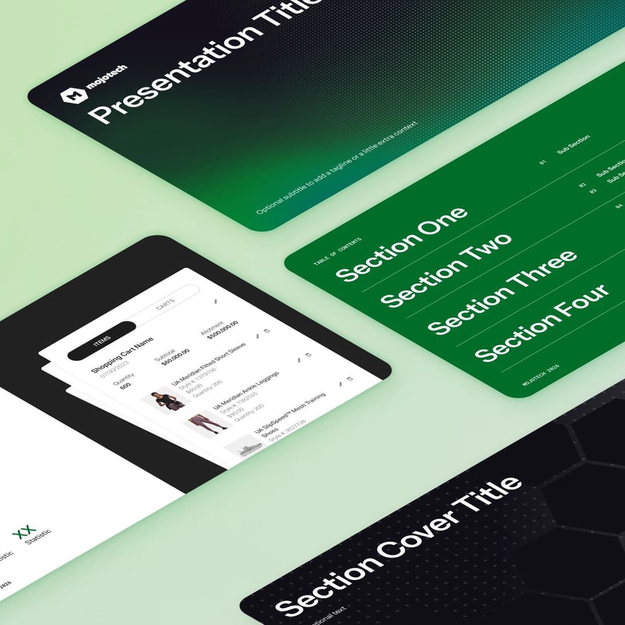 Three MojoDeck presentation slides fanned out over a mint background, alongside a mobile shopping cart mockup