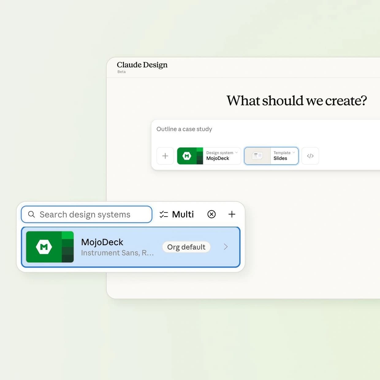 Claude Design's new-file prompt with the MojoDeck design system and Slides template selected from a search list