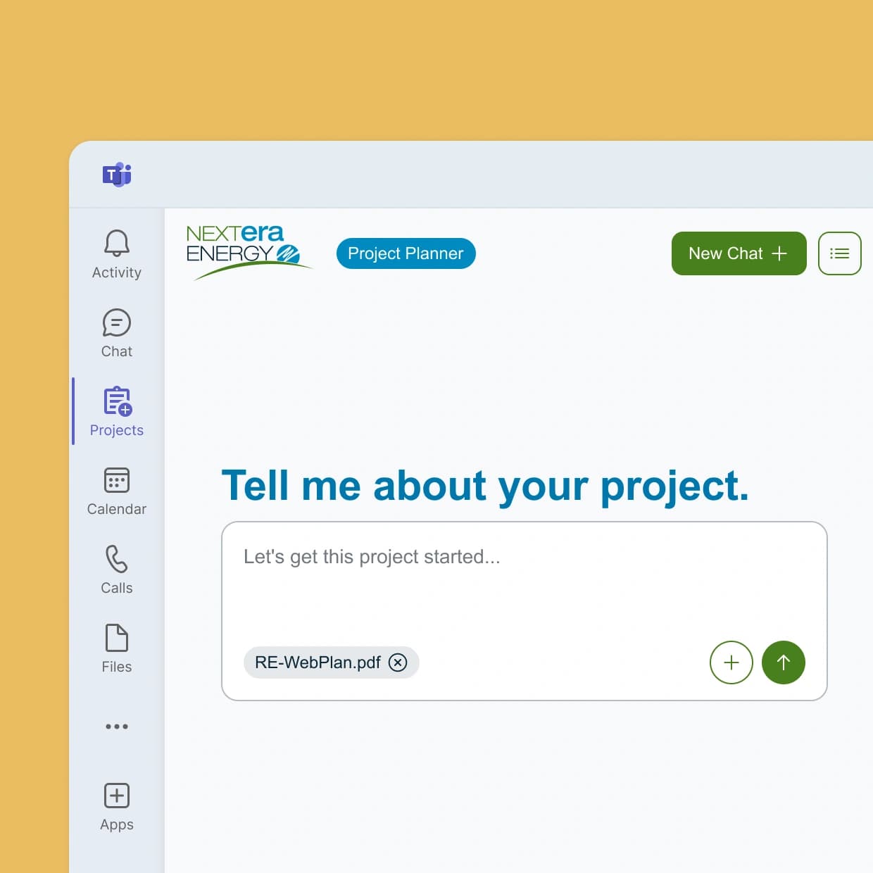 AI project planner embedded in Microsoft Teams, prompting the user to describe a new renewable energy marketing project