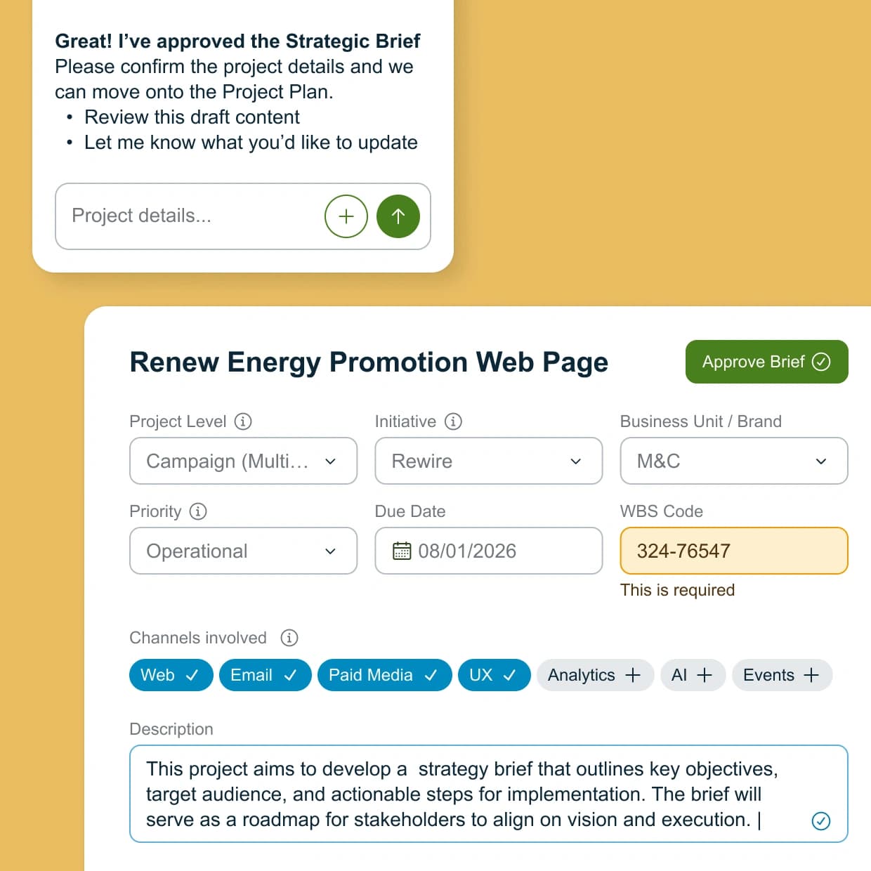 Approved renewable energy campaign broken into channels and deliverables, with each deliverable routed to a work-management platform and marked complete