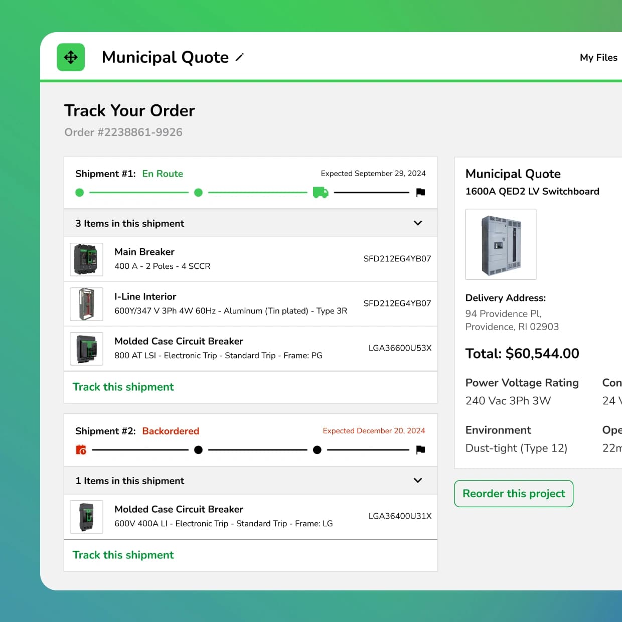 Order tracking page showing shipment status and delivery timeline for a switchboard order, alongside the item list and delivery address