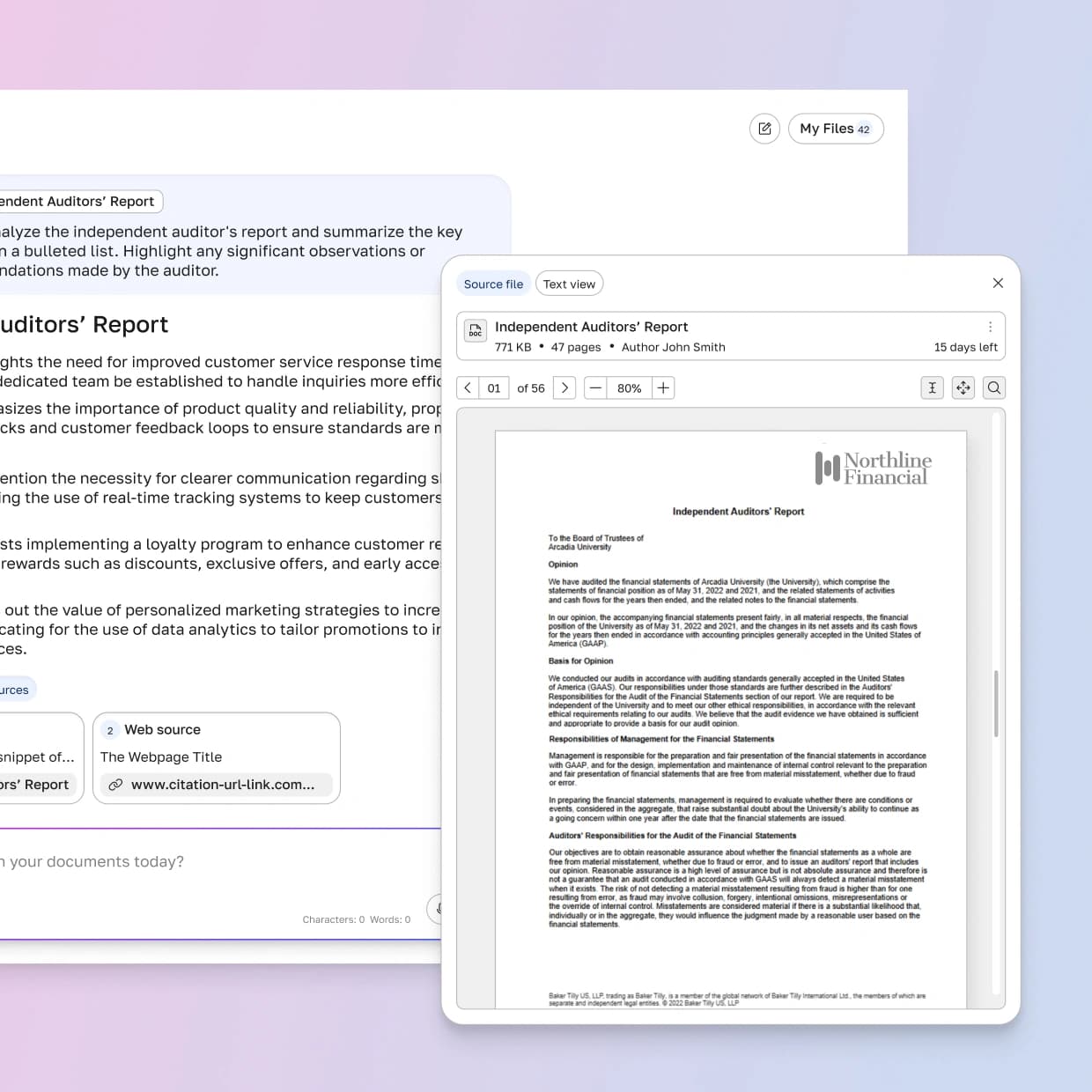 Independent auditor's report opened in a document viewer alongside the chat, showing the source PDF text next to the assistant's summarized findings
