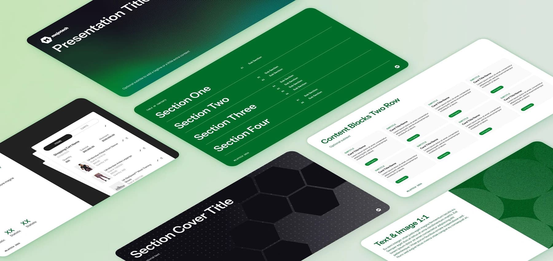 Presentation templates including a title slide, table of contents, content grid, and section cover, styled in MojoTech's green and black brand system