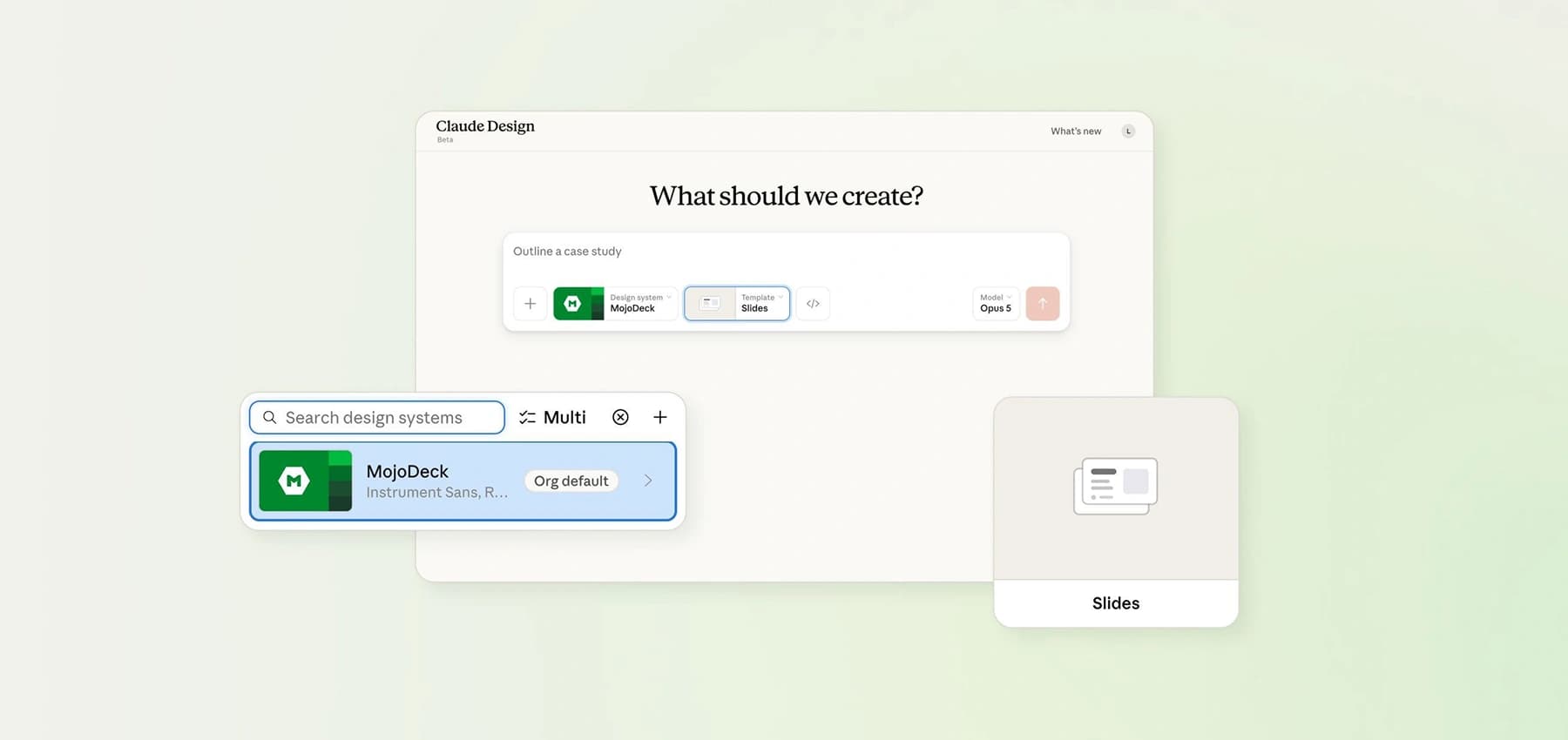 Claude Design's new-file screen with the MojoDeck design system and Slides template selected, next to a preview of the generated slide deck