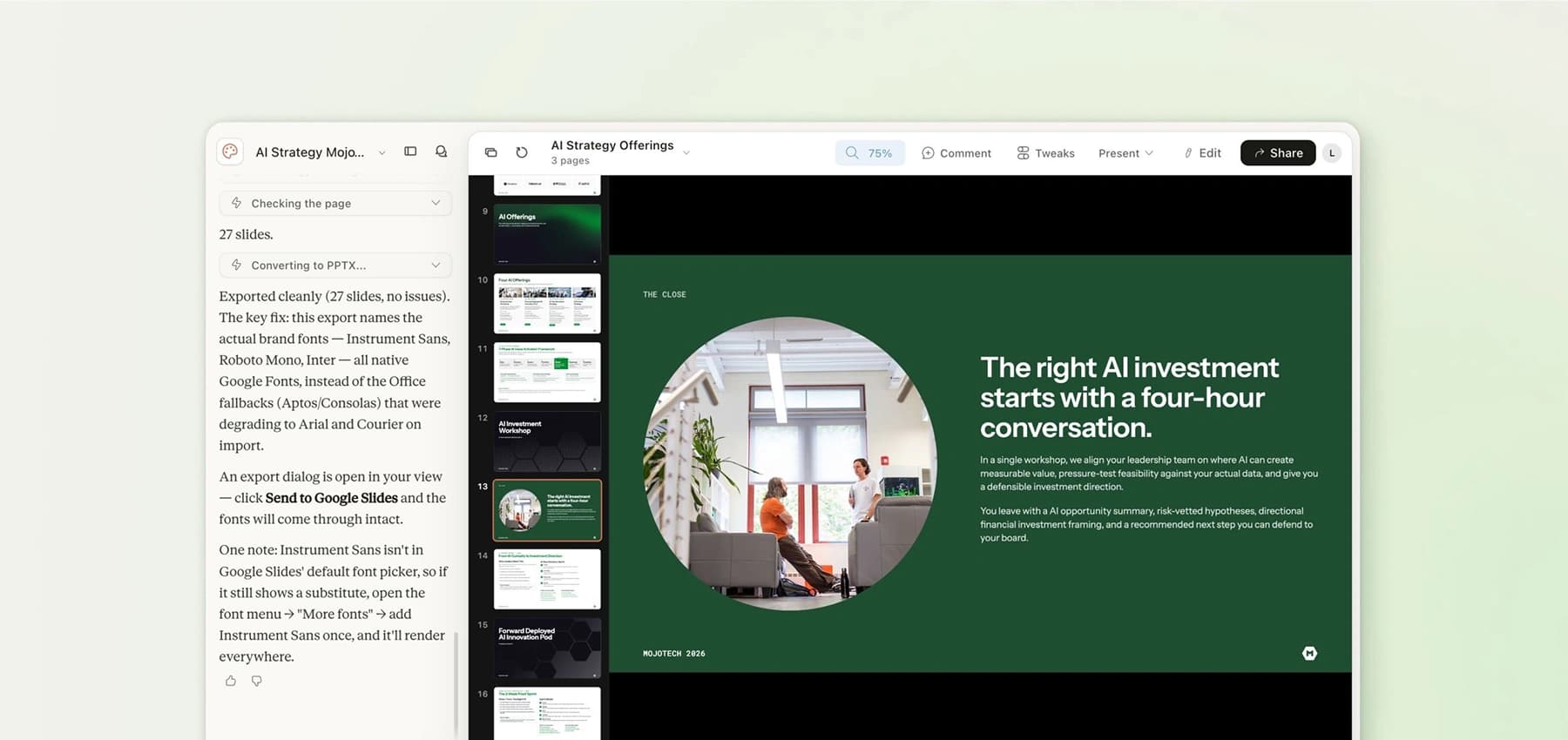 Claude Design chat confirming a clean 27-slide export with native brand fonts, next to a finished presentation slide