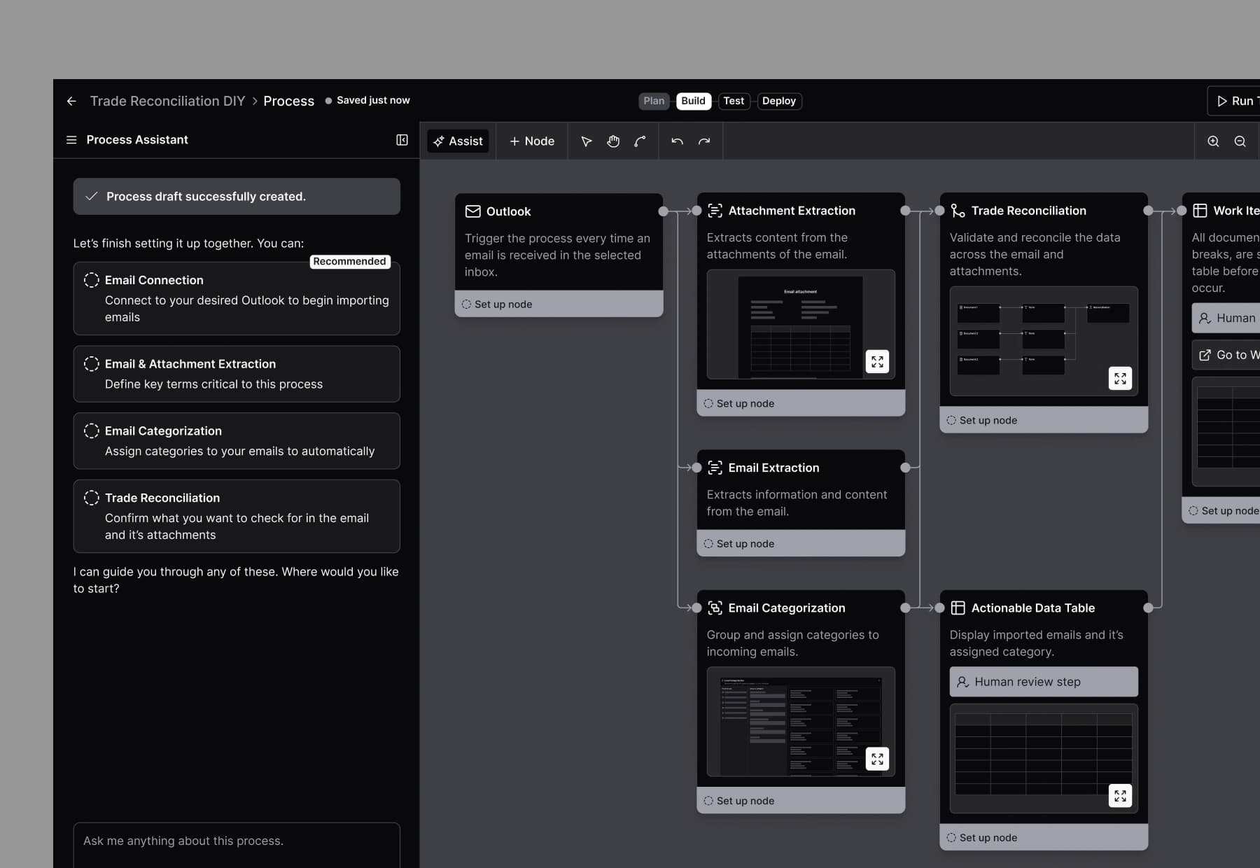 Trade reconciliation workflow builder showing a process assistant chat next to a node diagram connecting email ingestion, attachment extraction, categorization, reconciliation, and a human-reviewed actionable data table