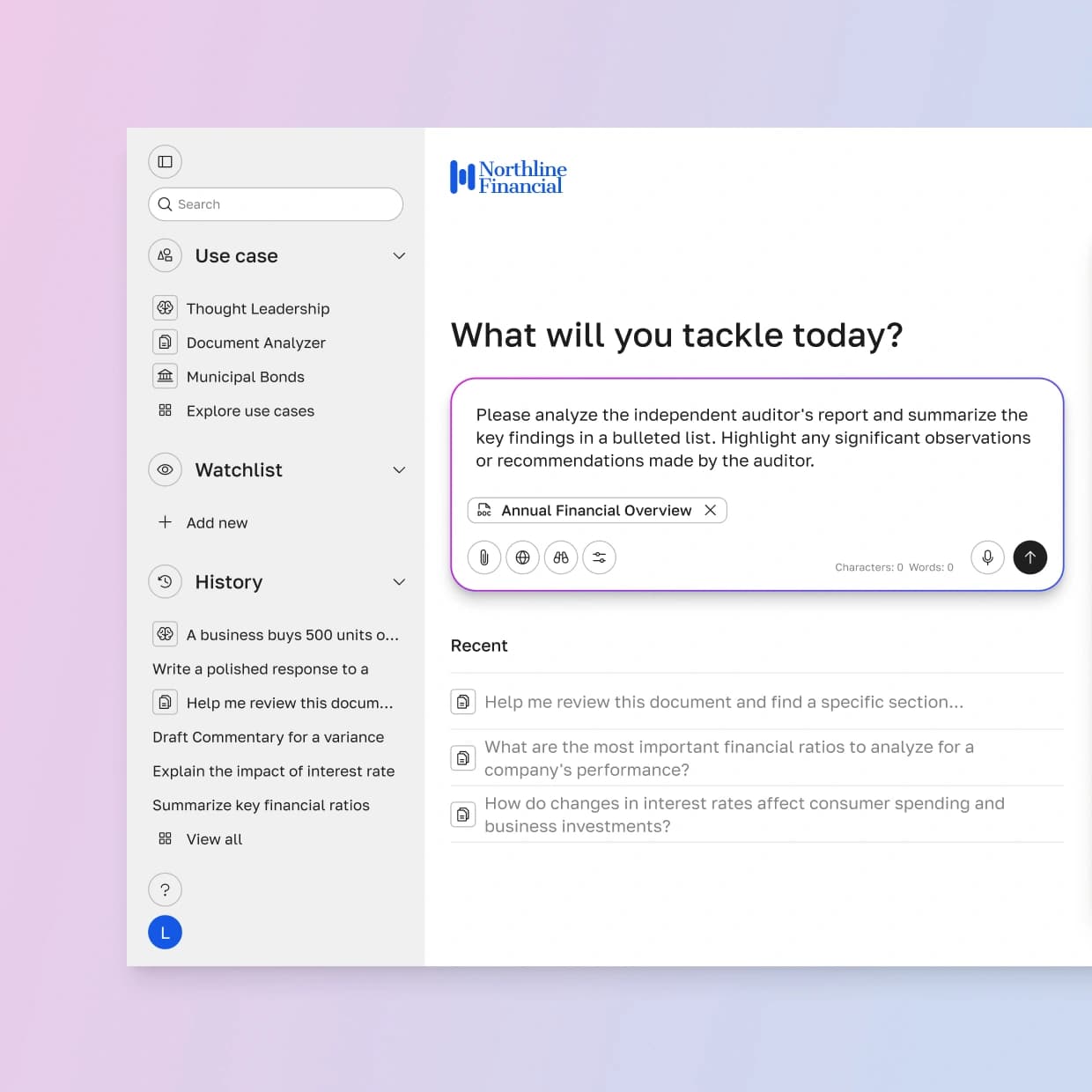 AI chat assistant interface asking what to tackle today, with a drafted prompt to analyze an independent auditor's report attached as a source