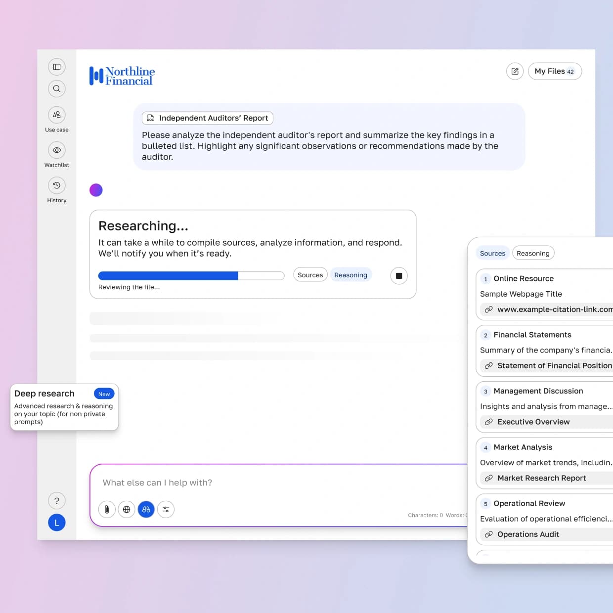 AI chat interface showing a deep research suggestion alongside an expanded sources panel citing financial statements, management discussion, and market analysis