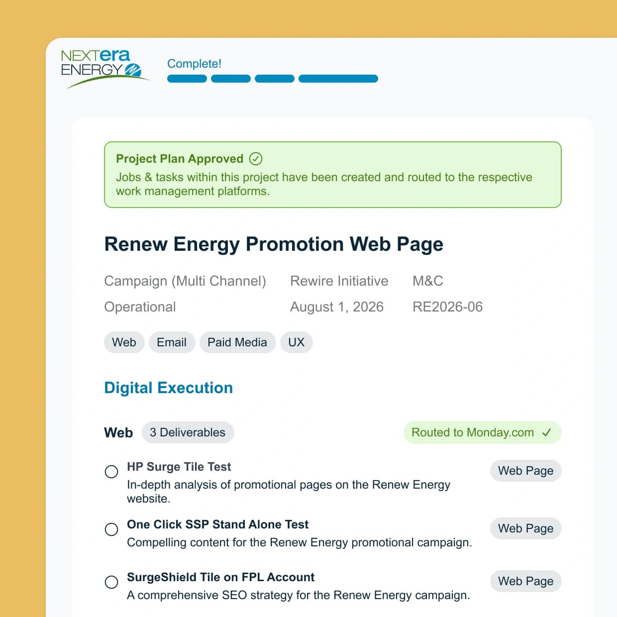 AI assistant confirming an approved strategic brief next to a structured project plan form with fields for initiative, business unit, priority, due date, and channels