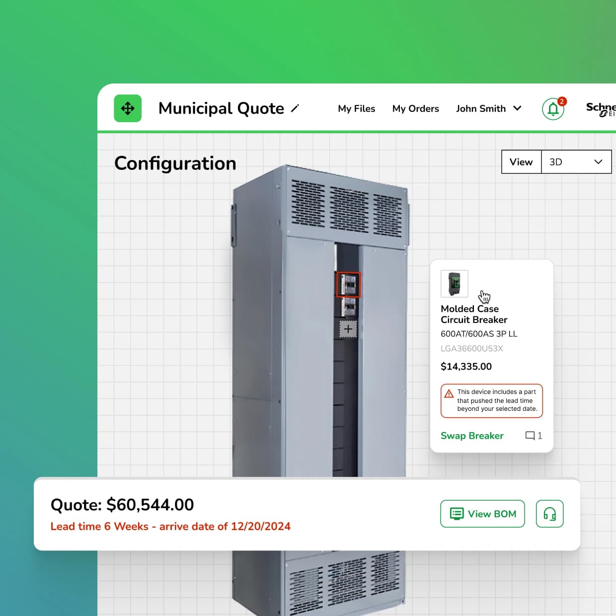 Switchboard configuration tool showing a 3D product render with a selected circuit breaker, its price, and a lead time warning for the current configuration