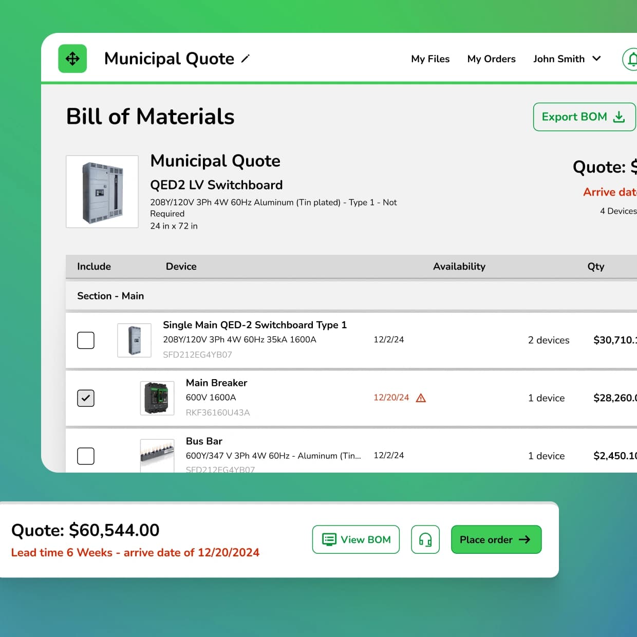 Bill of materials view listing switchboard devices with availability and pricing, alongside a sticky quote summary with lead time and a place order action