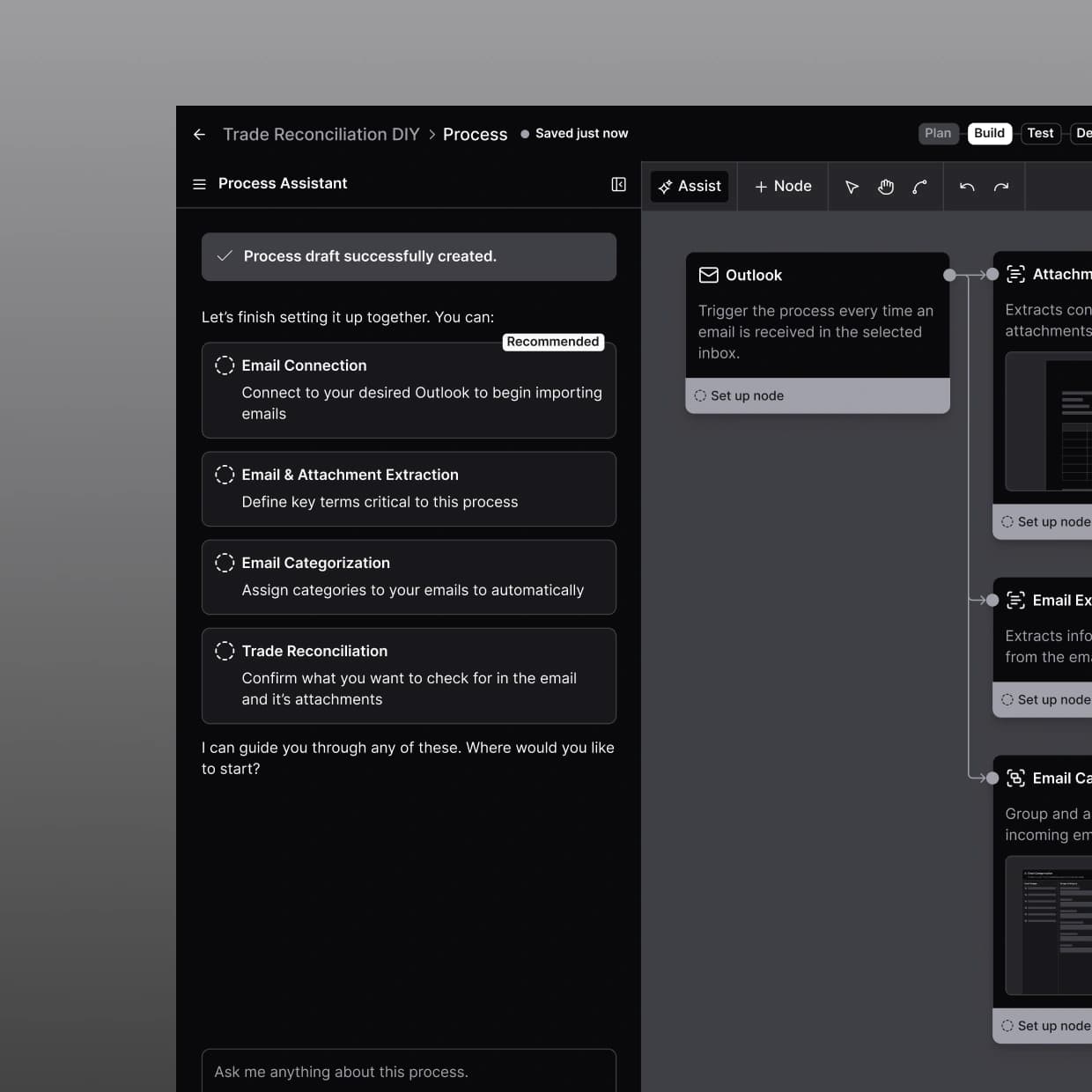 Process assistant chat for a trade reconciliation workflow, recommending setup steps like email connection, attachment extraction, and email categorization