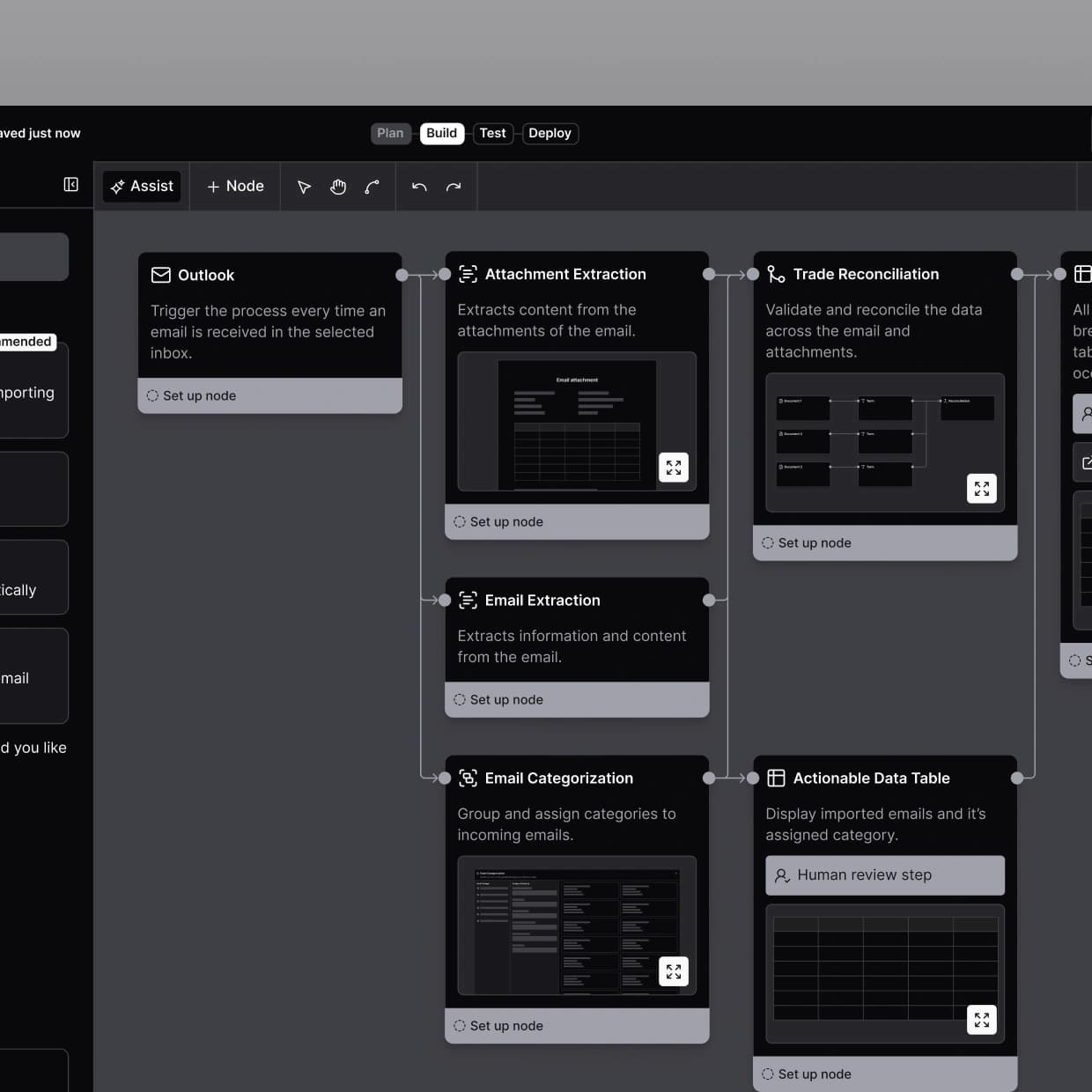 Agentic workflow builder showing an Outlook trigger connected to an attachment extraction node with a preview of the extracted email attachment