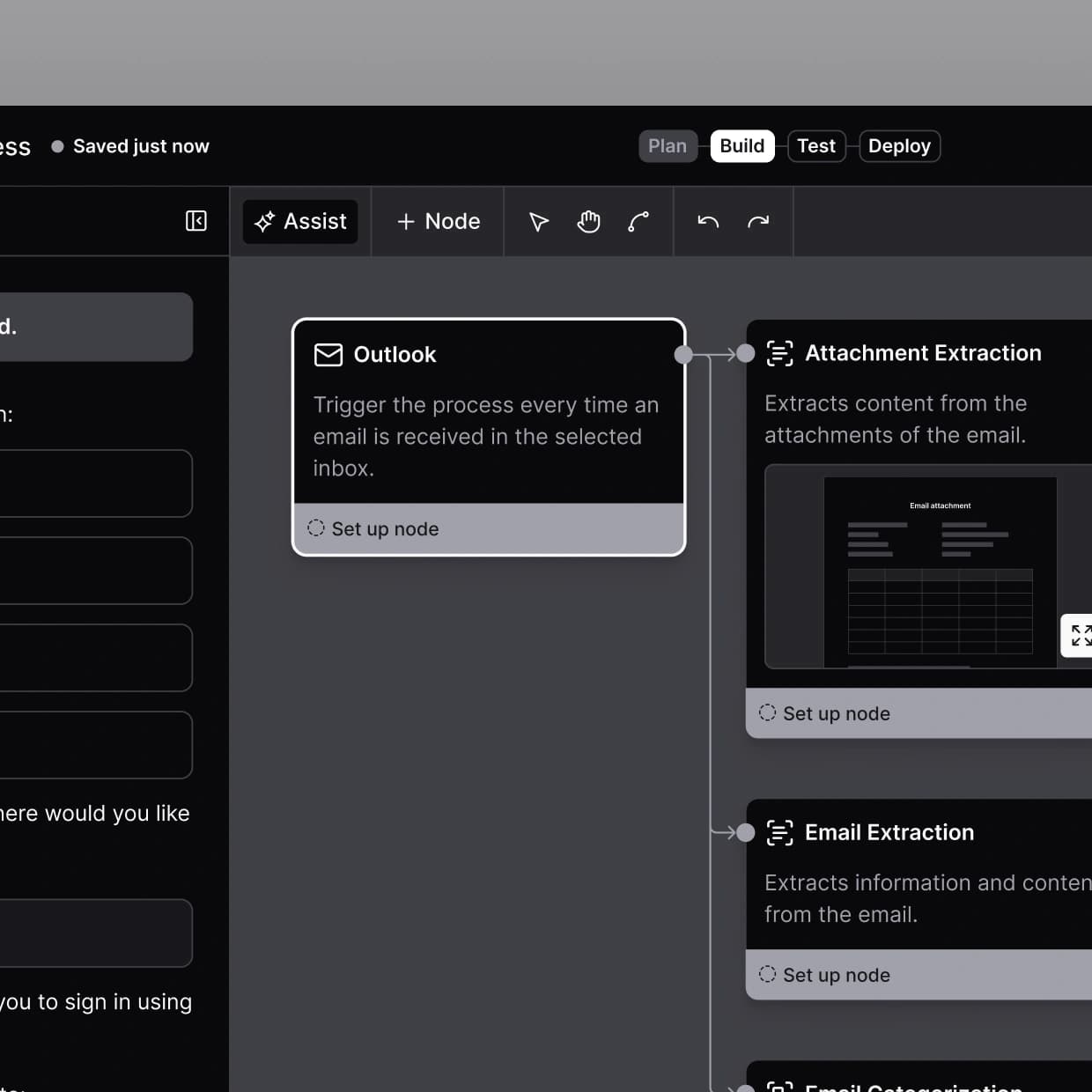 Full trade reconciliation workflow diagram with connected nodes for attachment extraction, email extraction, email categorization, reconciliation, and an actionable data table with a human review step