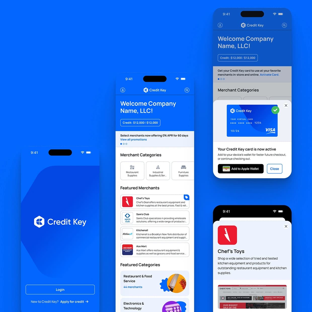 Credit Key mobile app screens showing login, a merchant marketplace with credit balance and featured merchants, and a virtual card activation confirmation