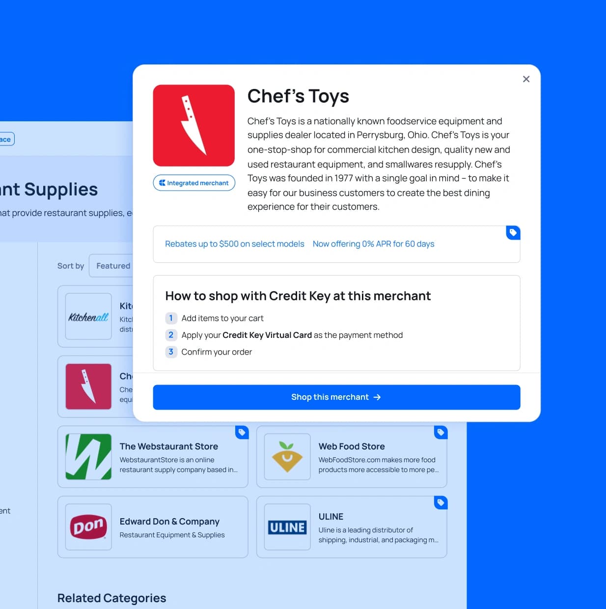 Mobile merchant detail card for a featured merchant with a description and a shop this merchant action