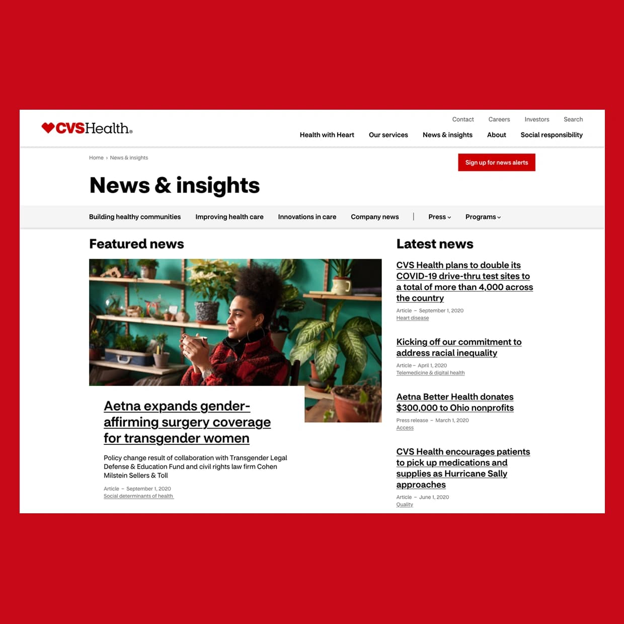 CVS Health News & Insights page built from reusable components, with a featured article, category filters, and a latest news list